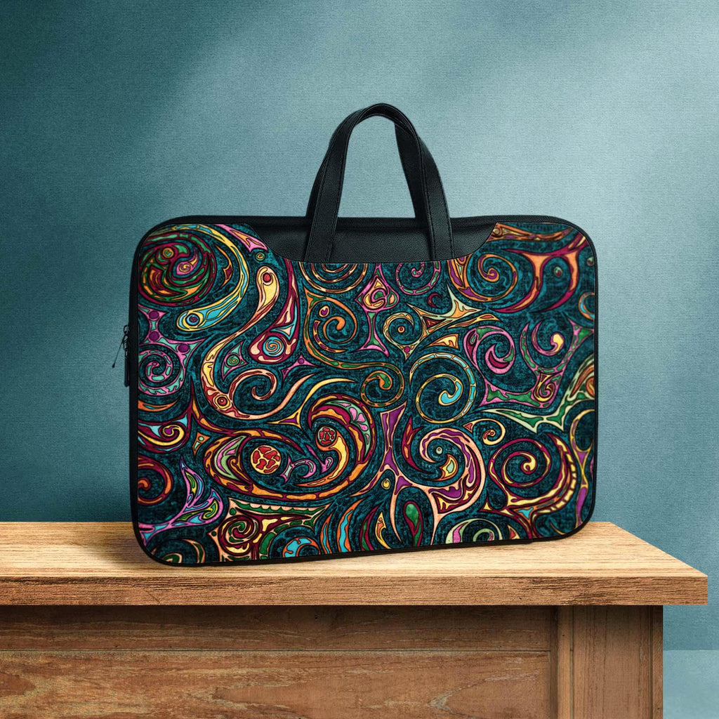 Ethnic abstract laptop sleeve with shoulder strap and handles