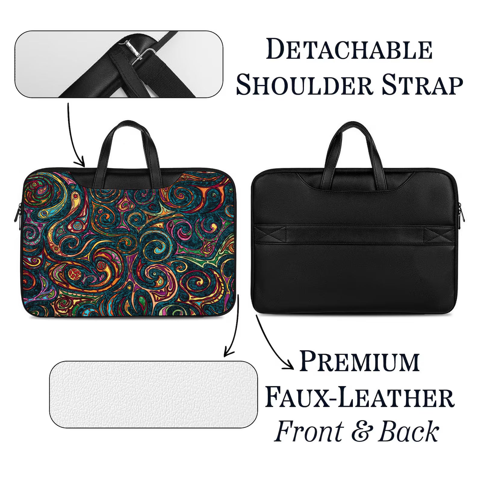 Ethnic abstract laptop sleeve with shoulder strap and handles